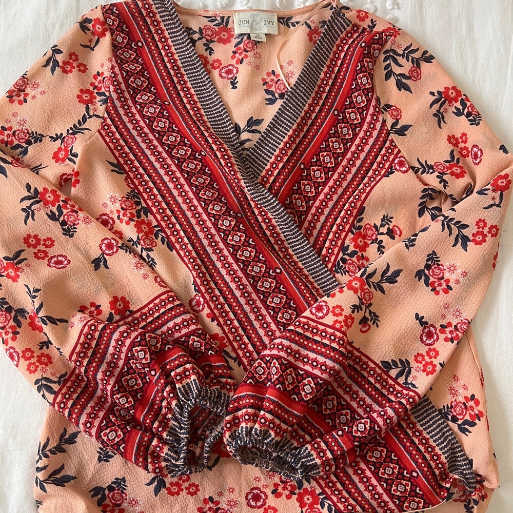 Floral V-Neck Blouse - Pink and Red